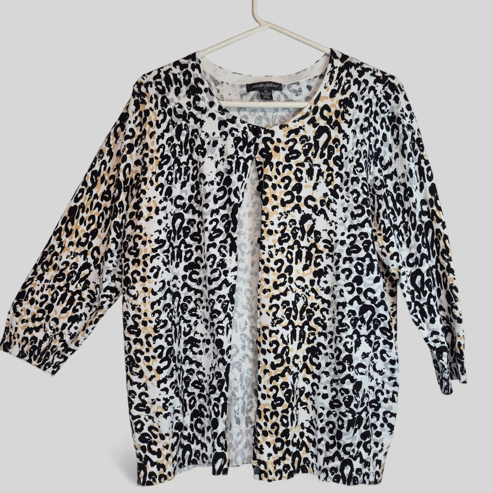Designers Originals Womens XL Cardigan Sweater Animal Print 3/4 Sleeve Cotton